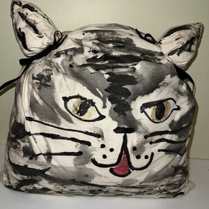 Vintage Cat Pillow Plush Handmade Hand Painted Folk Art Face Head Stuffed
